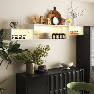 English Elm 65.35in Wall Mounted Floating TV Stand with 20 Color LEDs, Charging Station & Spacious Cable Management for Modern Entertainment White W331P242457