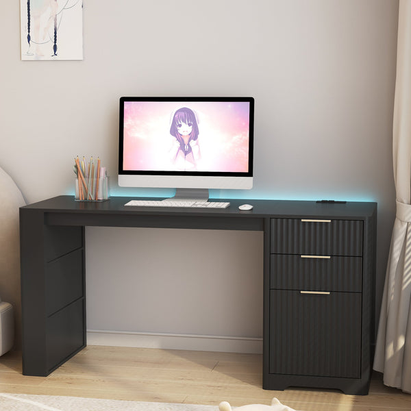 English Elm L Shaped Corner Desk with Led Lighting Bookshelf Drawers and Built in Charging Station W1321P399020