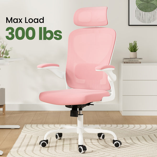 English Elm Ergonomic Office chair with adjustable headrest and lumbar support, breathable mesh, space-saving design Pink,White T3623P368569