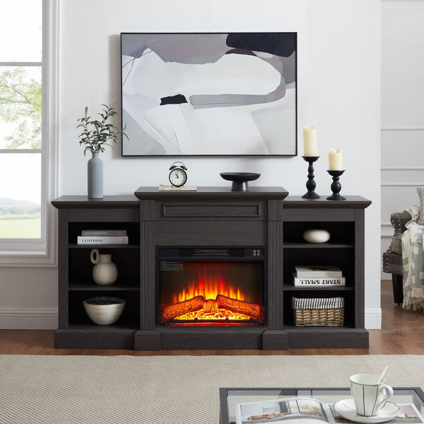 English Elm Media Console with Built-in Electric Fireplace Spacious Mdf Cabinet for Large Tvs W1758S00029