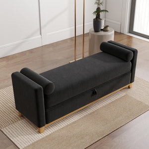 English Elm 66 Inch Sherpa Upholstered Storage Bench with Fluted Wood Base and Bolster Pillows Black+Neutral W1658P446125