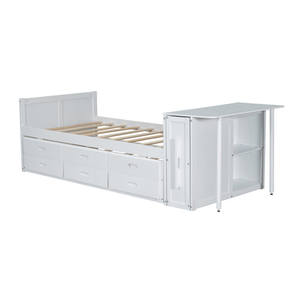 English Elm Twin Multifunctional Wood Platform Bed with Built-In Desk, Trundle & 3 Drawers for Small Spaces White 44.3 L x 23.1 W x 9 H N733S212832K