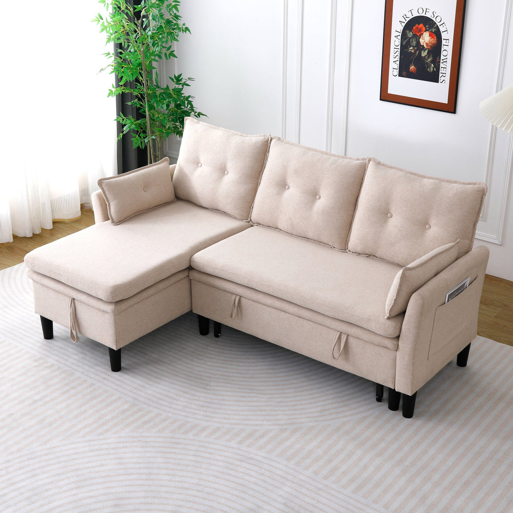 English Elm L-Shaped Reversible Chaise Sectional Sofa with Storage and Fold-Out Bed Cotton-Linen Modern Design Beige W3371S00024