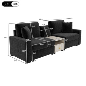 English Elm Modern Chenille Modular Sofa with Built-in Console Storage Armrest for Living Room Black N763S000063B