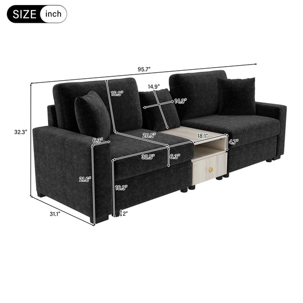 English Elm Modern Chenille Modular Sofa with Built-in Console Storage Armrest for Living Room Black N763S000063B