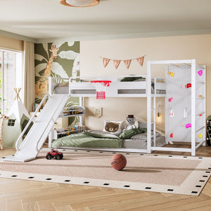 English Elm Twin Metal Loft Bed with Slide Basketball Hoop Climbing Wall and Built-in Shelves W1580S00634