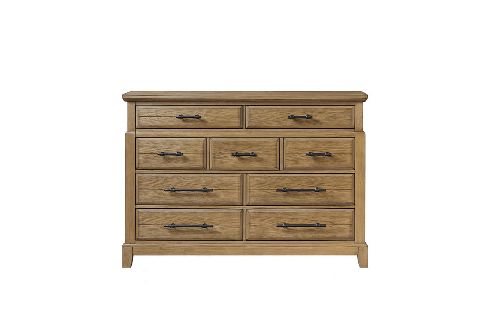 English Elm 9-Drawer Elm Veneer Dresser in Caramel Finish with 9 Smooth-Glide Drawers & Black Metal Pulls, Rustic-Modern Appeal B2699P353072