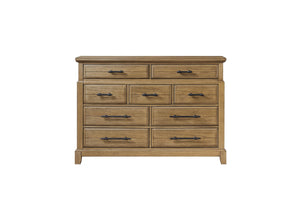 English Elm 9-Drawer Elm Veneer Dresser in Caramel Finish with 9 Smooth-Glide Drawers & Black Metal Pulls, Rustic-Modern Appeal B2699P353072