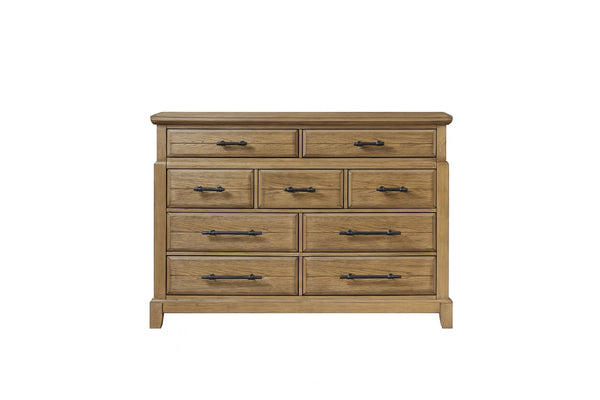 English Elm 9-Drawer Elm Veneer Dresser in Caramel Finish with 9 Smooth-Glide Drawers & Black Metal Pulls, Rustic-Modern Appeal B2699P353072