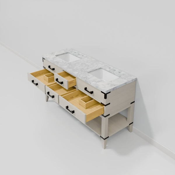 English Elm White Oak Double Bath Vanity 60" W With Elegant Carrara Marble Top & Ample Storage Solutions B2731P260277-GIGA