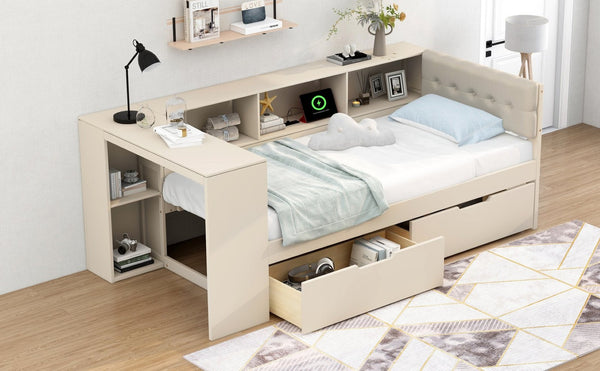 English Elm Wood Twin Size Platform Bed With Usb Charging, Storage Drawers, Upholstered Headboard In Cream GX002107AAC-1-GIGA