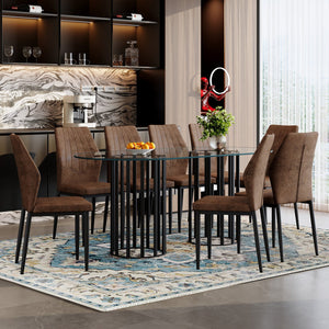 English Elm Table Set Oval Tempered Glass 71 Inch Top with Eight Faux Suede Chairs Modern Dining W1151S04760