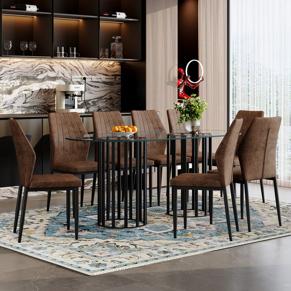 English Elm Table Set Oval Tempered Glass 71 Inch Top with Eight Faux Suede Chairs Modern Dining W1151S04760