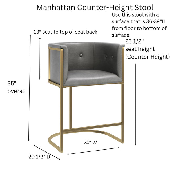 English Elm 26" Counter Stool Tufted Faux Leather Seat with Brass Metal Base for Kitchen Islands Gray Pu B2751P436484