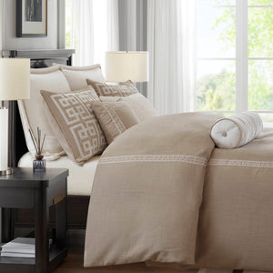 English Elm 8-piece Queen Bedding Set Slub Fabric Embroidery Velvet Accents Boutique Hotel Style Taupe B035P482953