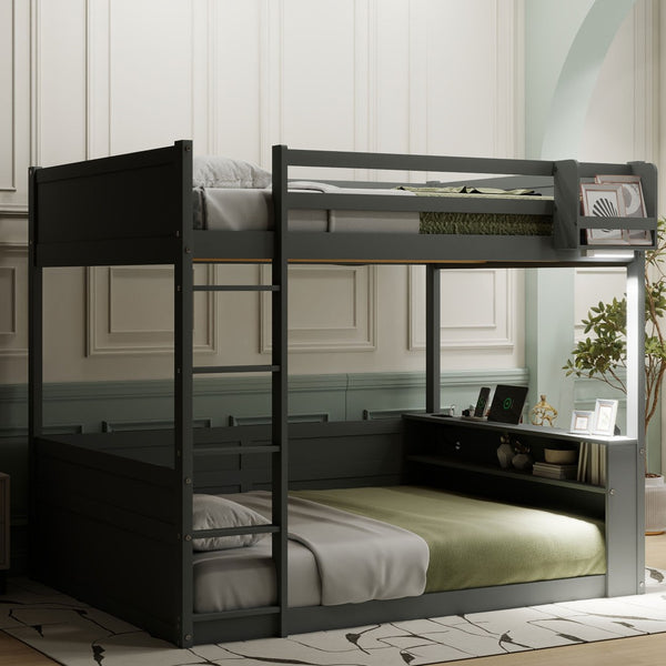 English Elm Queen Size Wooden Bunk Bed With Smart Storage, Led Light, Usb Charging & Modern Grey Finish N7090005006E-GIGA