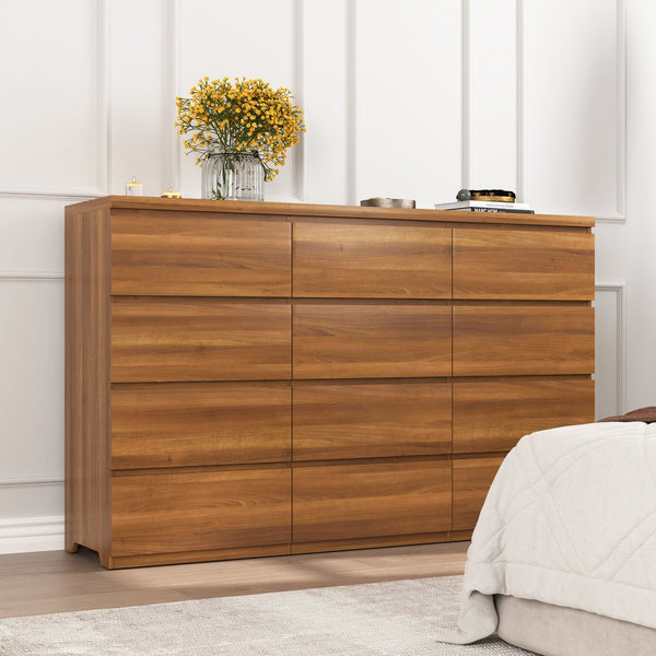 English Elm 12 Drawer Wide Double Dresser Modern Symmetrical Wood Storage Chest for Bedroom Walnut W409S00017
