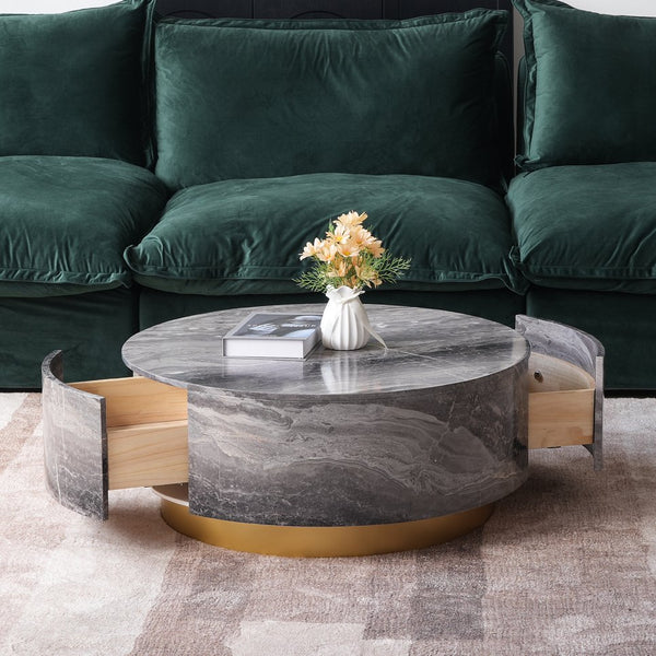 English Elm Tavola Round Coffee Table with Marble Pattern Top and Metal Legs, Two Drawers for Stylish Storage Brown B341P321163