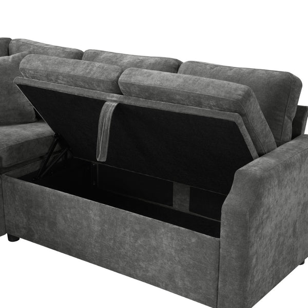 English Elm Sectional Sofa Bed - Versatile L-Shaped Chenille Sofa With Sleeper, Hidden Storage & Pillows, Gray N719S002070E-GIGA