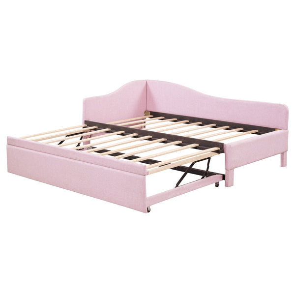 English Elm Twin Upholstered L-Shaped Daybed with Pop-Up Trundle, Space-Saving Guest Bed with Slats Kit and 400lb Capacity Pink SF000193AAH