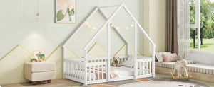 English Elm Twin Wood House-Shaped Floor Bed with Fence and Guardrails – Playful Pine Frame for Imaginative Kids Retreat White W504P143290
