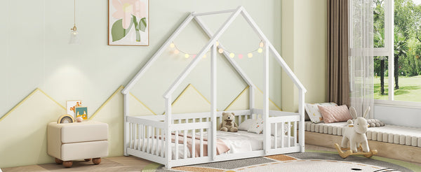 English Elm Twin Wood House-Shaped Floor Bed with Fence and Guardrails – Playful Pine Frame for Imaginative Kids Retreat White W504P143290