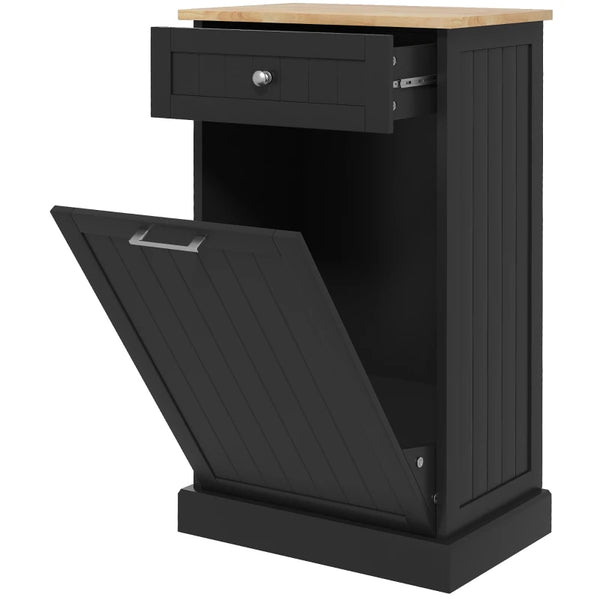 English Elm Trash Cabinet with Tilt Out Door Oak Top Charcoal Gray Kitchen Storage Unit Black T3971P464947