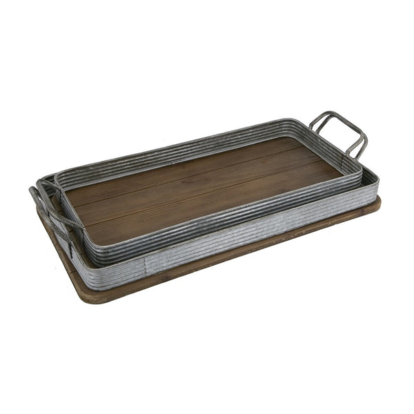 English Elm S/2 Rustic Fir Wood Serving Trays with Iron Accents for Farmhouse Tablescapes W2078P495641