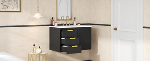 English Elm 30" Wall Mounted Bathroom Vanity with Ceramic Basin Sink, Floating Storage, Soft-Close Doors, Modern Elegance Black N710P324096B