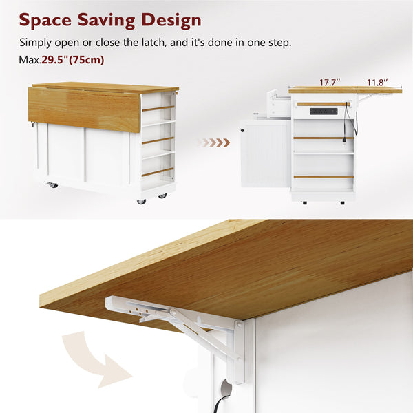 English Elm 48inch Kitchen Island Set with Bar Stools Drop Leaf Built in Power Station Mdf Storage White N707S003015W