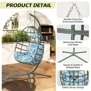 English Elm Egg Hanging Chair with Stand Pe Rattan Swing Seat Washable Cushion 350lb Capacity T5880P497441
