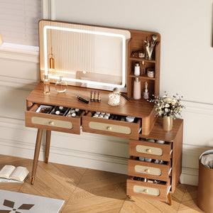 English Elm 47''Vintage Elegant Makeup Vanity with Lights and Mirror, 5-Drawer Rattan Design, Solid Wood Craftsmanship Walnut 46 L x 27 W x 8 H N733P337468M