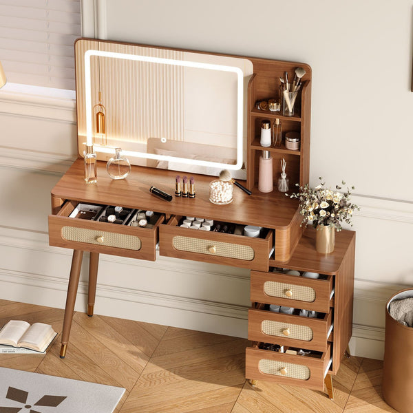 English Elm 47''Vintage Elegant Makeup Vanity with Lights and Mirror, 5-Drawer Rattan Design, Solid Wood Craftsmanship Walnut 46 L x 27 W x 8 H N733P337468M
