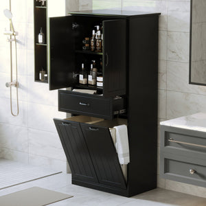 English Elm Christopher Knight Home® - Bathroom Storage Cabinet with Doors Drawer & Dual Laundry Baskets, MDF Build, Adjustable Shelf, Anti-Tip Device Black N759P243350B