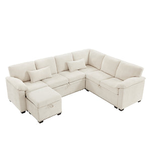 English Elm 97 Inch L-shaped Chenille Sectional Sofa with Sleeper Storage Ottoman 7 Seats Beige W1669S00017