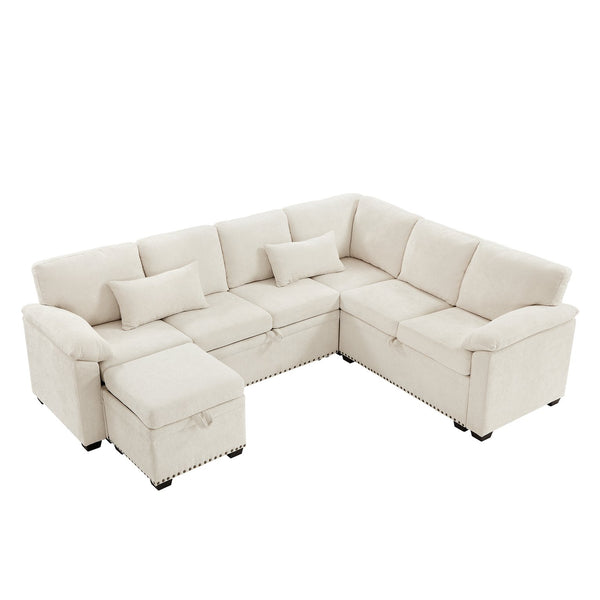 English Elm 97 Inch L-shaped Chenille Sectional Sofa with Sleeper Storage Ottoman 7 Seats Beige W1669S00017