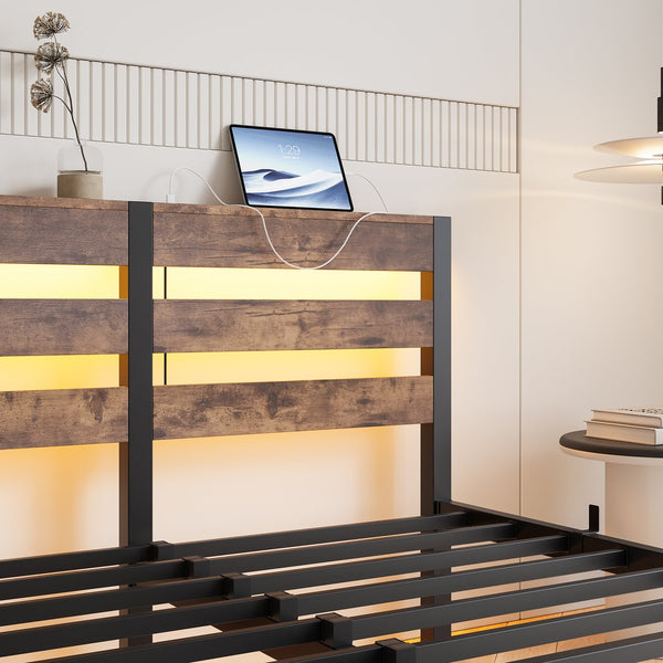 English Elm Full Metal Bed Frame with Wooden Headboard, USB Charging, RGB App Lighting, Large Under-Bed Storage Beige+Brown W840P209896