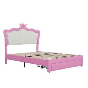 English Elm Full Size Upholstered Bed Frame With Led Lights – Chic Pink Princess Design, Crown Headboard & Storage Drawers W2770P190367