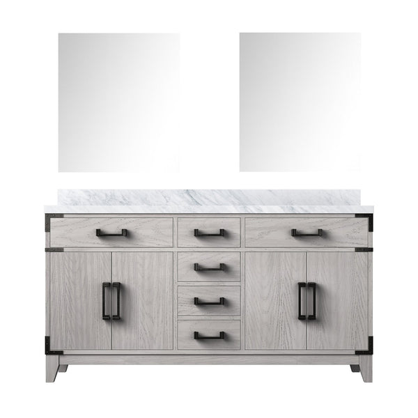 English Elm White Oak Double Bath Vanity 60 in with Polished Carrara Marble Top, Soft-Close Storage & Mirrors B2731S01598
