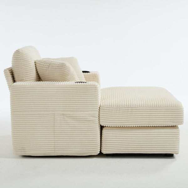 English Elm [New]Corduroy Chaise Lounge Sofa with Cup Holders,Detachable Cushions,Deep SeatMagazine Bag Beige W2120P322752