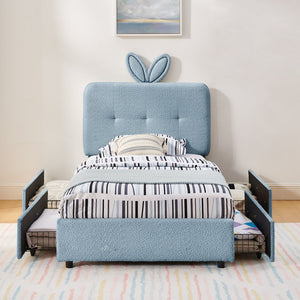 English Elm Twin Kids Boucle Upholstered Bed Rabbit Ear Headboard Led Lighting Four Storage Drawers Navy W1413P384922