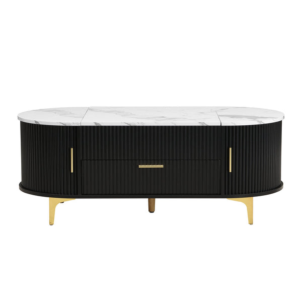 English Elm Modern Mid-century Coffee Table Tambour Doors Open Shelves Warm Wood Living Room Black,Gold,White N770P333549B