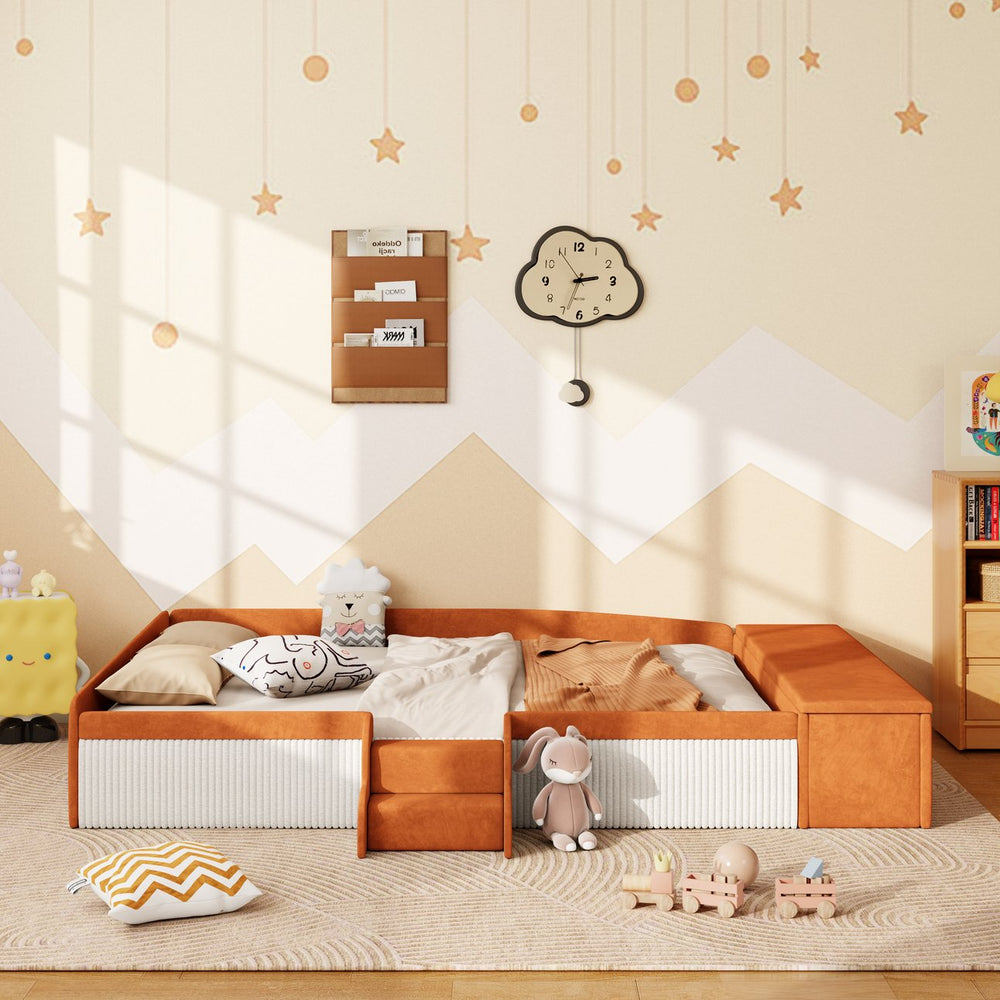 English Elm Full Size Kids Velvet Platform Daybed with Storage Ottoman Staircase Padded Rails Brown+White SF000202AAD
