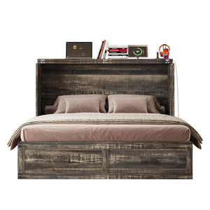 English Elm Queen Murphy Cabinet Bed Rustic Grey Farmhouse Style with Charging Station Storage W5271S00001