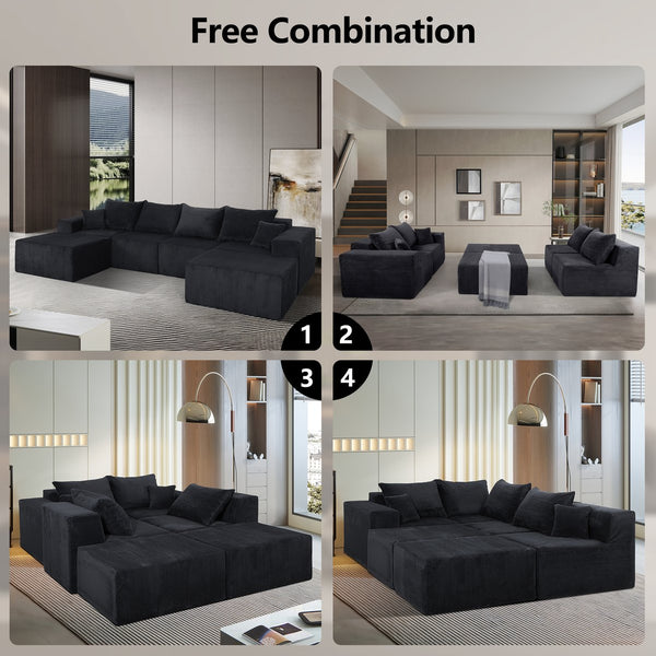 English Elm 6-Piece Modular U-Shaped Sectional Sofa with Chaise Convertible Corduroy Comfort and Secure Base Black W3163S00040