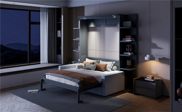 English Elm Queen Murphy Bed with Integrated Sofa Space Saving Fold Down Cabinet for Studio Living Gray LP000591AAE-2