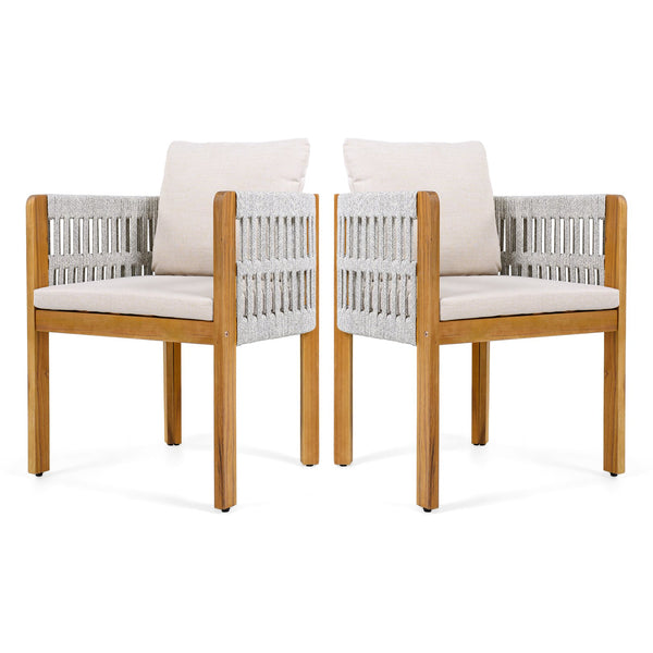 English Elm Acacia Wood Outdoor Dining Chair Set with Rope Arms and Waterproof Cushions N779P279983H