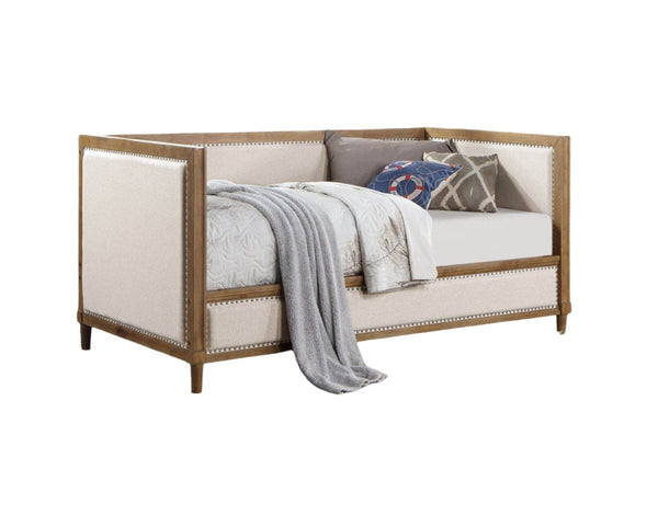 English Elm Beige Transitional Daybed with Light Oak Pine Frame, Nailhead Trim, Twin Mattress‑Ready Accent Bed B011S01092