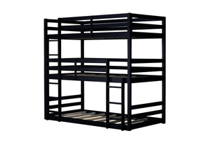 English Elm Triple Rubber Wood Bunk Bed with Built-In Ladders and Guardrails Maximizes Space for Families, Durable Design Black W504S00177
