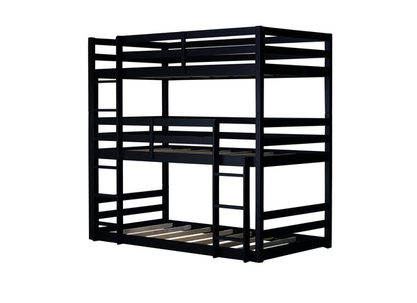 English Elm Triple Rubber Wood Bunk Bed with Built-In Ladders and Guardrails Maximizes Space for Families, Durable Design Black W504S00177